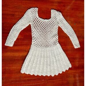 Vintage 70's handmade cream off white crochet long sleeve knit dress Scalloped